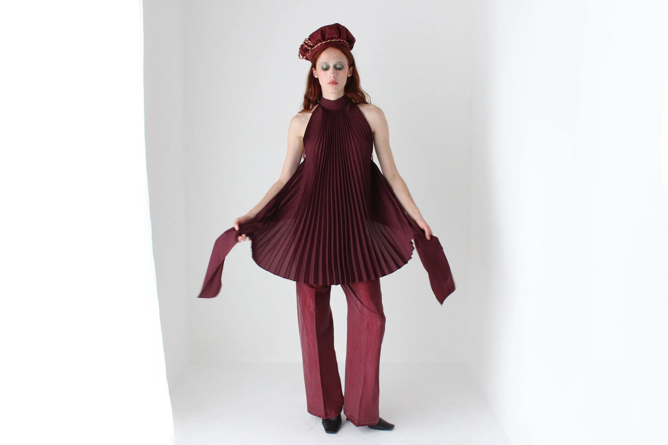 Textured 90s Raw Silk Burgundy Wide Leg Trousers