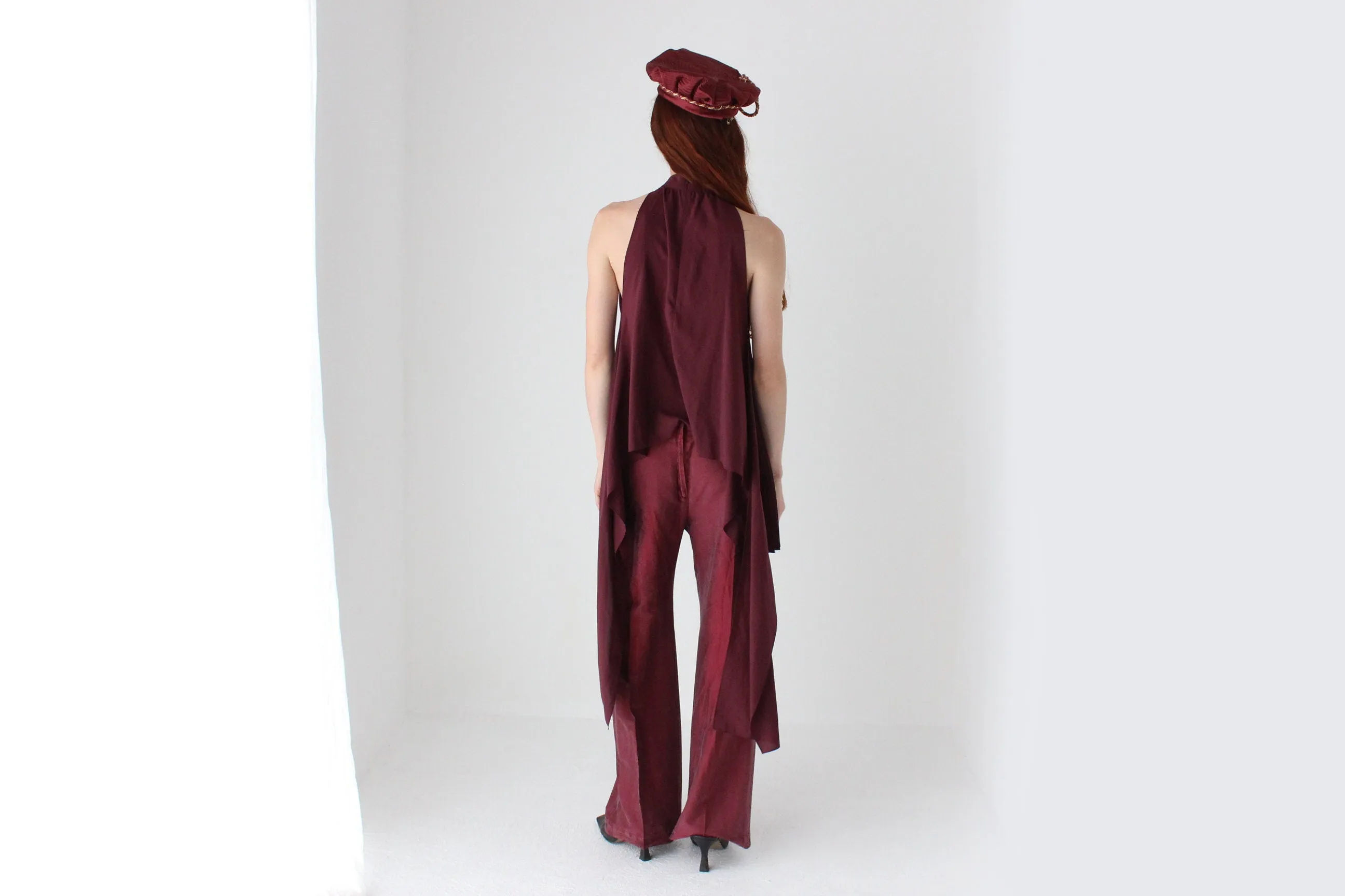 Textured 90s Raw Silk Burgundy Wide Leg Trousers
