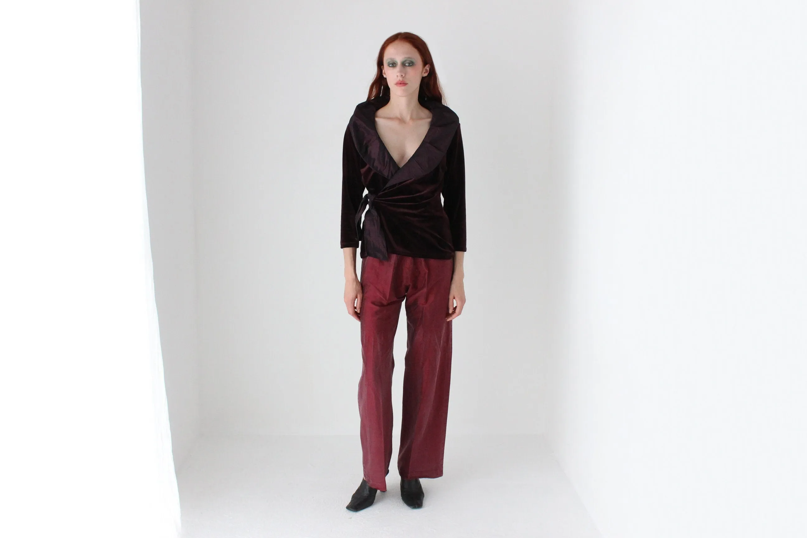Textured 90s Raw Silk Burgundy Wide Leg Trousers