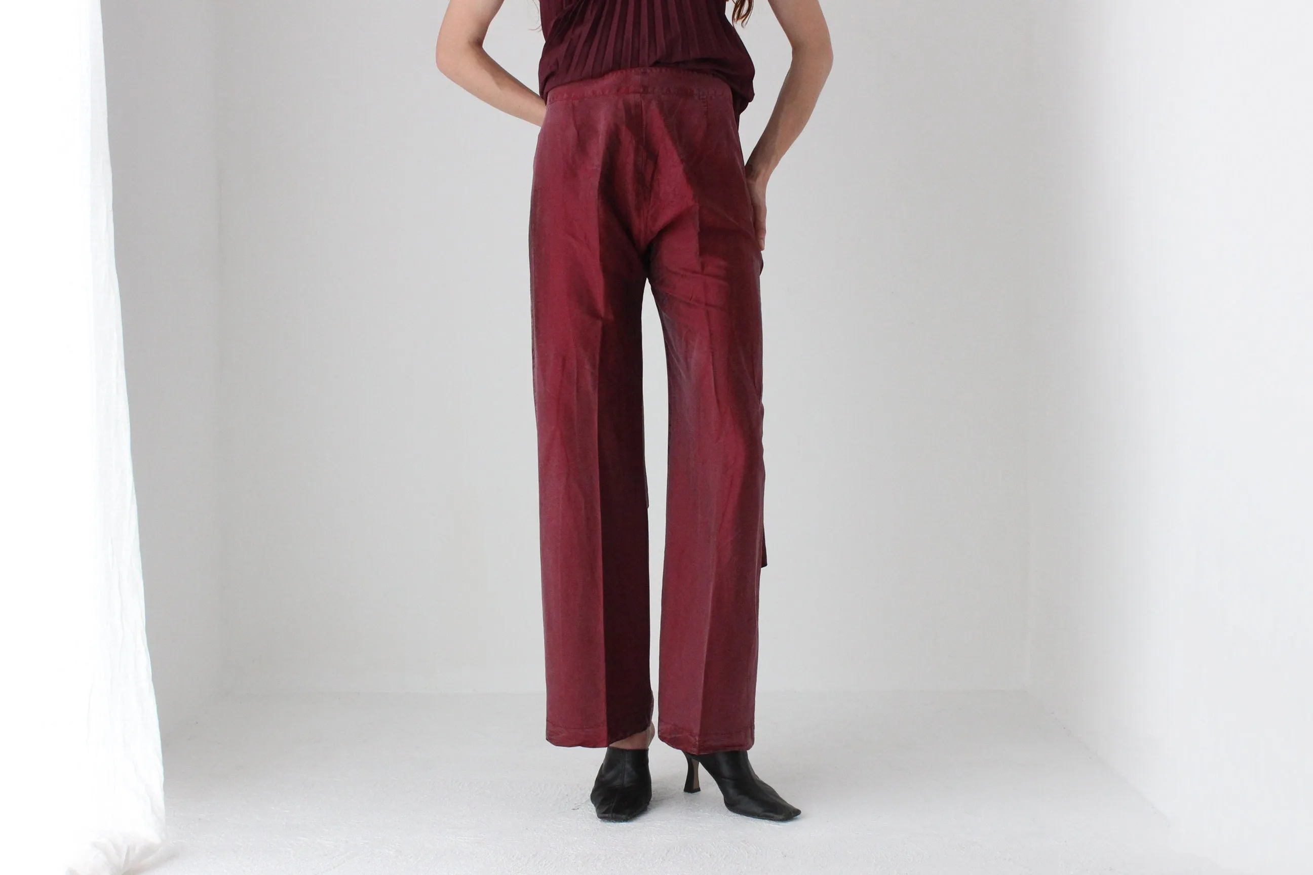 Textured 90s Raw Silk Burgundy Wide Leg Trousers