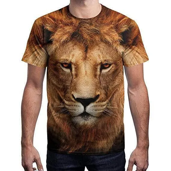 UD FABRIC Vintage Animal T Shirt for Men 3D Fierce Lion Face Print Tees Summer Short Sleeve Holiday T-Shirts Loose Clothing O-Neck Pullover