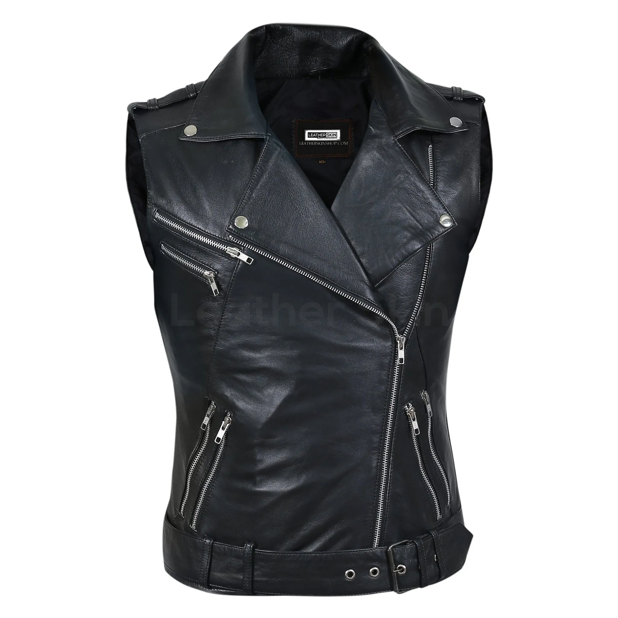 Women Black Belted Motorcycle Leather Vest with Silver Zippers