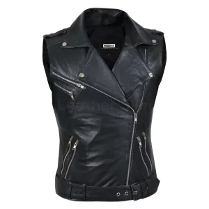Women Black Belted Motorcycle Leather Vest with Silver Zippers