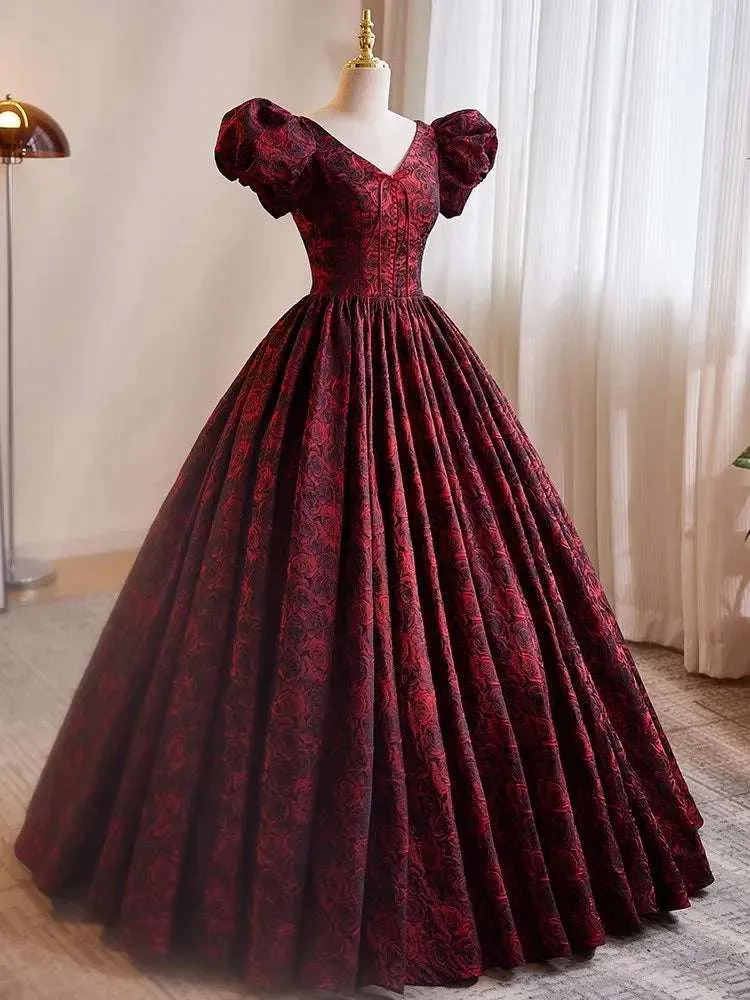 Women's Burgundy & Black Satin A-Line Short Puff Sleeves Vintage Evening Gown