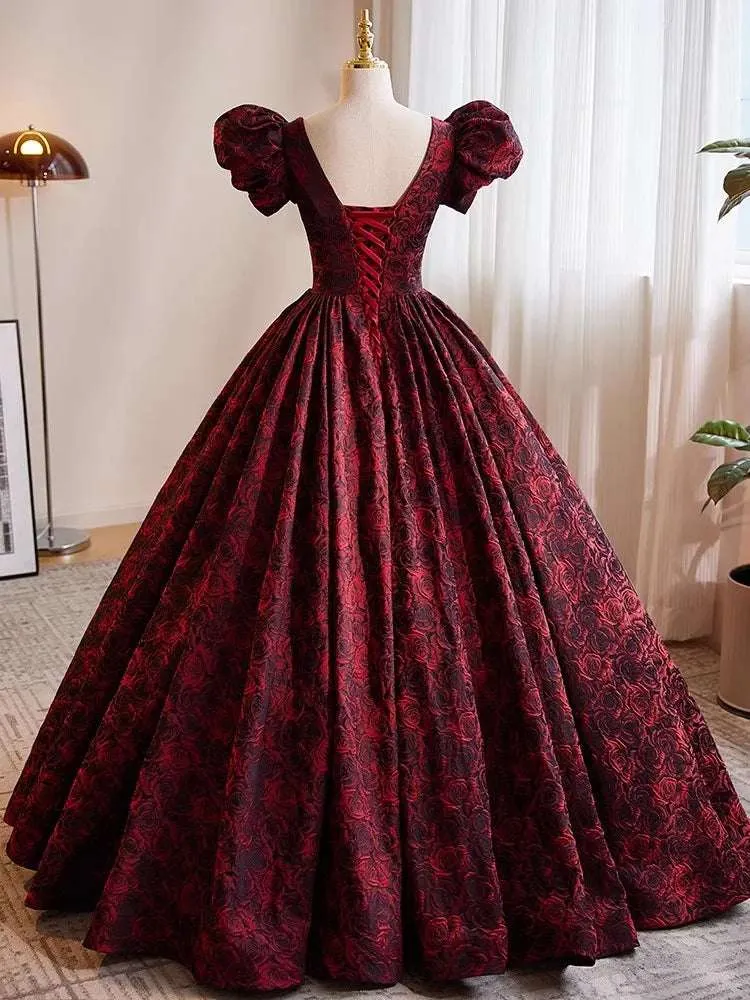 Women's Burgundy & Black Satin A-Line Short Puff Sleeves Vintage Evening Gown