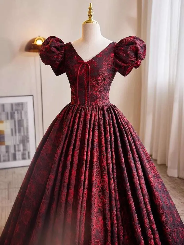 Women's Burgundy & Black Satin A-Line Short Puff Sleeves Vintage Evening Gown