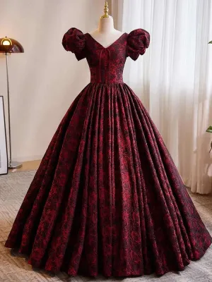Women's Burgundy & Black Satin A-Line Short Puff Sleeves Vintage Evening Gown