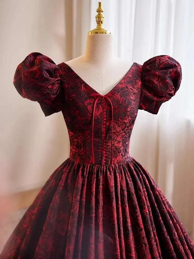 Women's Burgundy & Black Satin A-Line Short Puff Sleeves Vintage Evening Gown