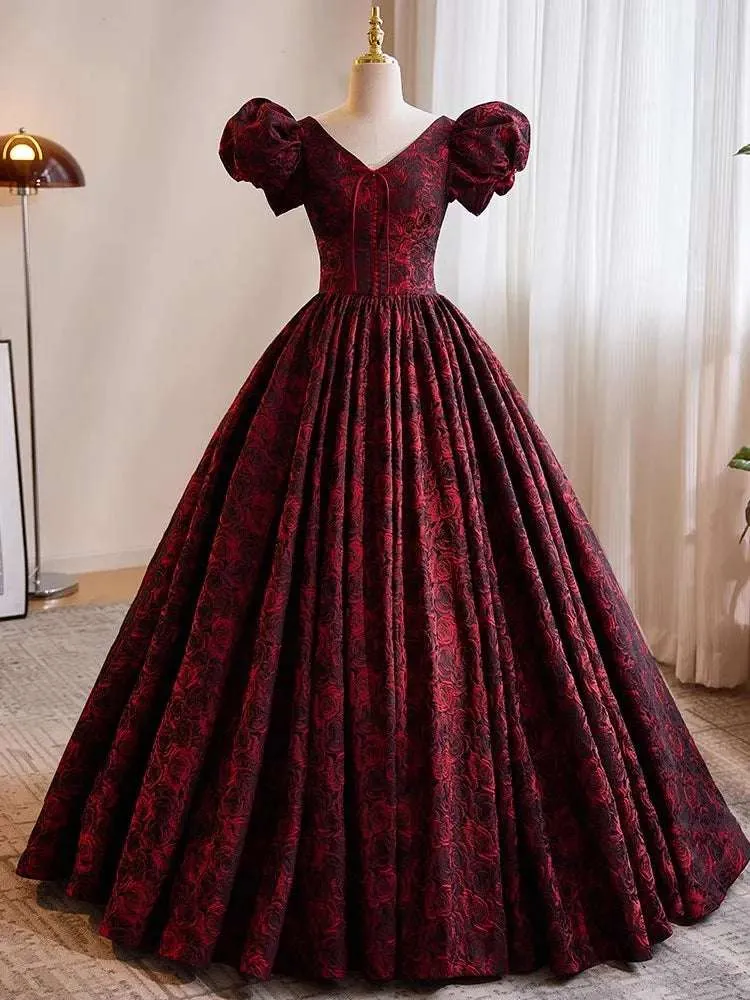 Women's Burgundy & Black Satin A-Line Short Puff Sleeves Vintage Evening Gown