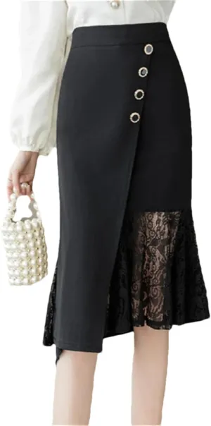 Women's Classic Irregular Wrap Skirts High Waist Lace Patchwork Sheath Pencil Skirts