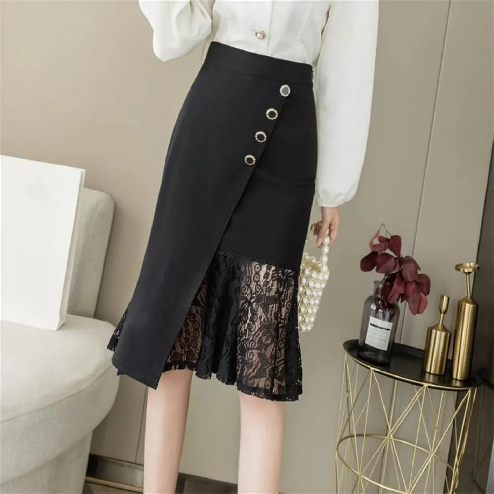 Women's Classic Irregular Wrap Skirts High Waist Lace Patchwork Sheath Pencil Skirts