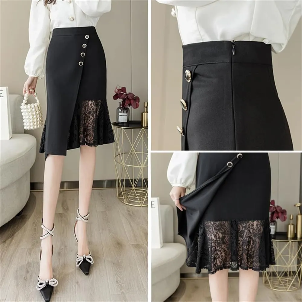 Women's Classic Irregular Wrap Skirts High Waist Lace Patchwork Sheath Pencil Skirts