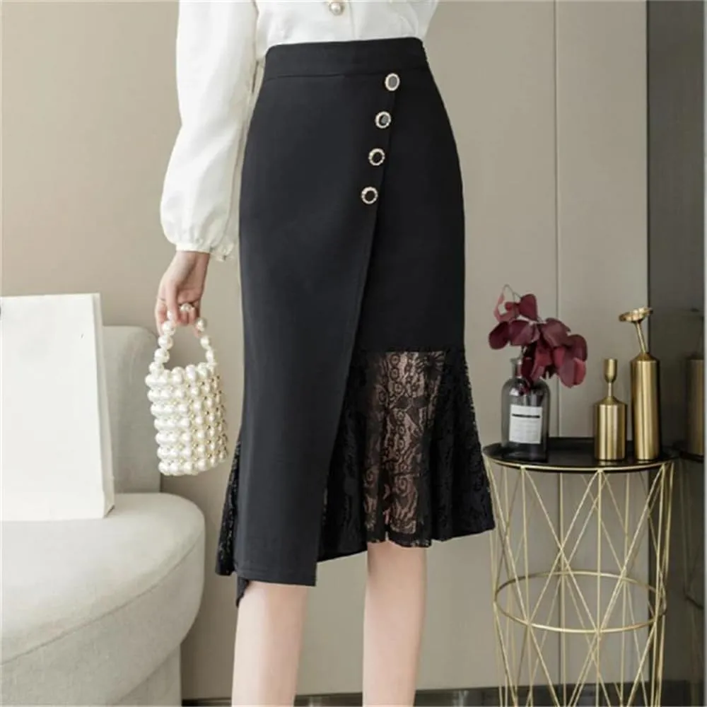 Women's Classic Irregular Wrap Skirts High Waist Lace Patchwork Sheath Pencil Skirts