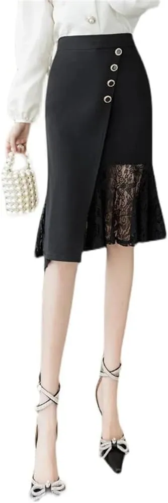 Women's Classic Irregular Wrap Skirts High Waist Lace Patchwork Sheath Pencil Skirts